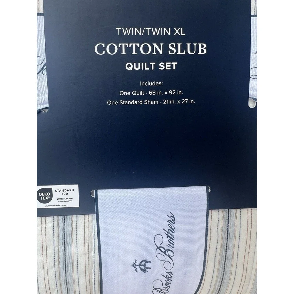 Brooks Brothers Cotton Slub Quilt and Sham Set Twin XL Light Blue White Stripes